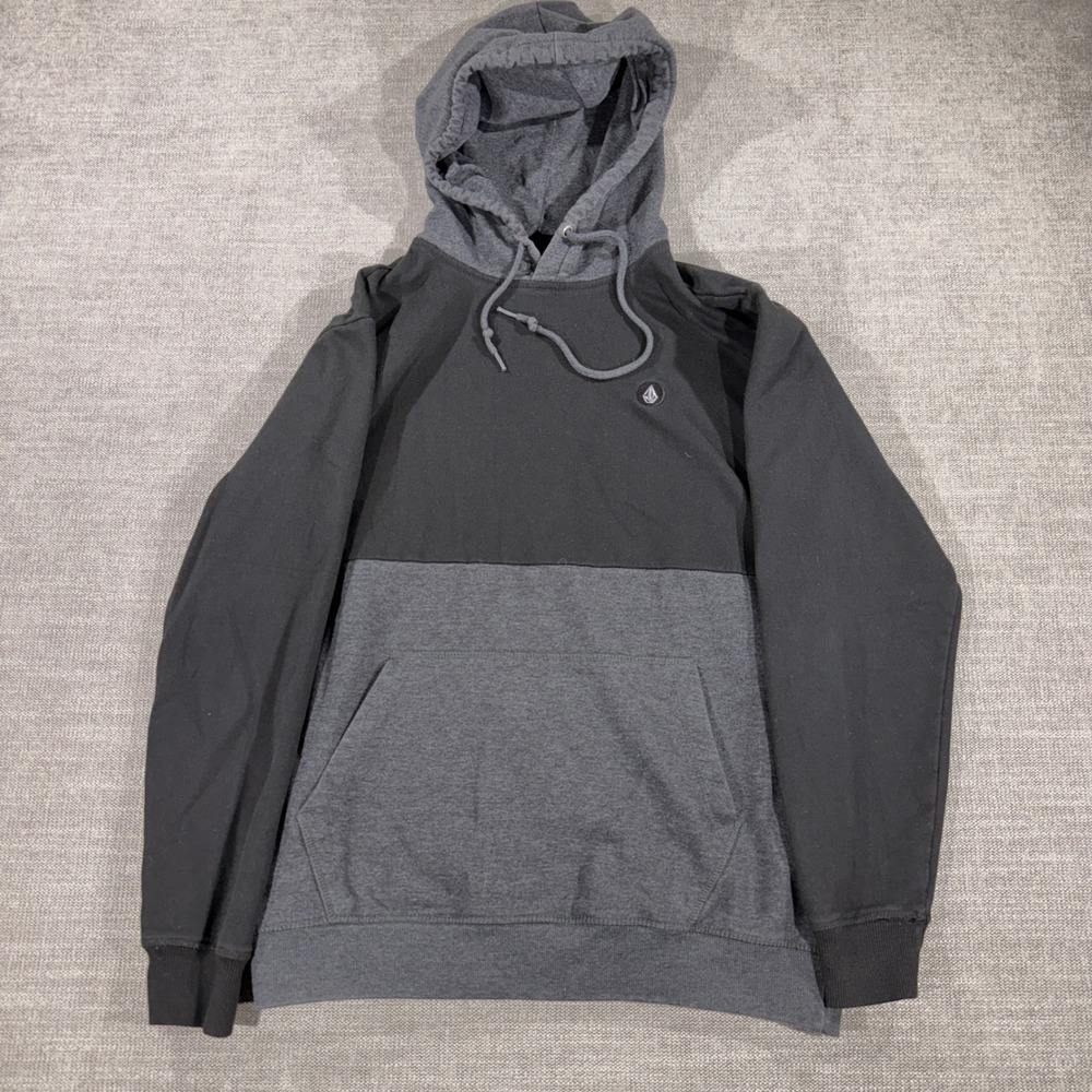 Volcom Hoodie Mens Medium Black Gray Excellent Colorblock Pullover Sweatshirt